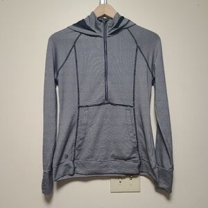 Athleta Heavenly Hail Half Zip Hoodie sz snavy and grey stripped